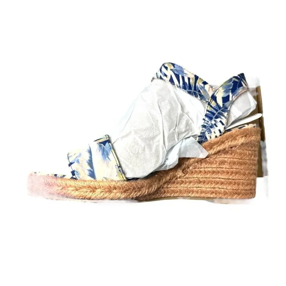 Lifestride Womens Blue Tan Floral Open Toe Ankle Strap Wedge Sandals Sz 10 New